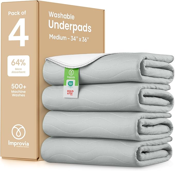 IMPROVIA® Washable Underpads, Heavy Absorbency Reusable Incontinence Pads for Kids, Adults, Elderly, and Pets, Waterproof Protection Floor (Gray, 34"x36" (Pack of 4)) by IMPROVIA