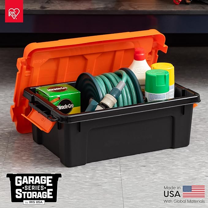 IRIS USA 3 Gallon Lockable Storage Bins with Lids, 5 Pack - Made in USA, Heavy Duty, Stackable Containers, Garage Organizing Bins Moving Tubs, Rugged Sturdy Equipment Utility Box - Black/Orange - Image 3