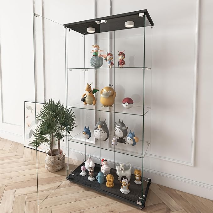 Yoluckea 4-Shelf Glass Display Cabinet with LED Lights, 2-Door Floor Standing Curio Cabinet with Universal Wheel for Home or Office, Black Glass Bookshelf for Collections, Decor, and Corner Display - Image 8
