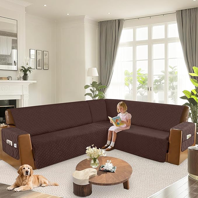 Arfntevss Waterproof Sectional Couch Covers L Shape Washable Velvet Sofa Cover for Sectional Non Slip Large Corner Slipcovers Dog 6 Pcs Universal U Shaped Furniture Protector (Dark Brown, X-Large) - Image 6