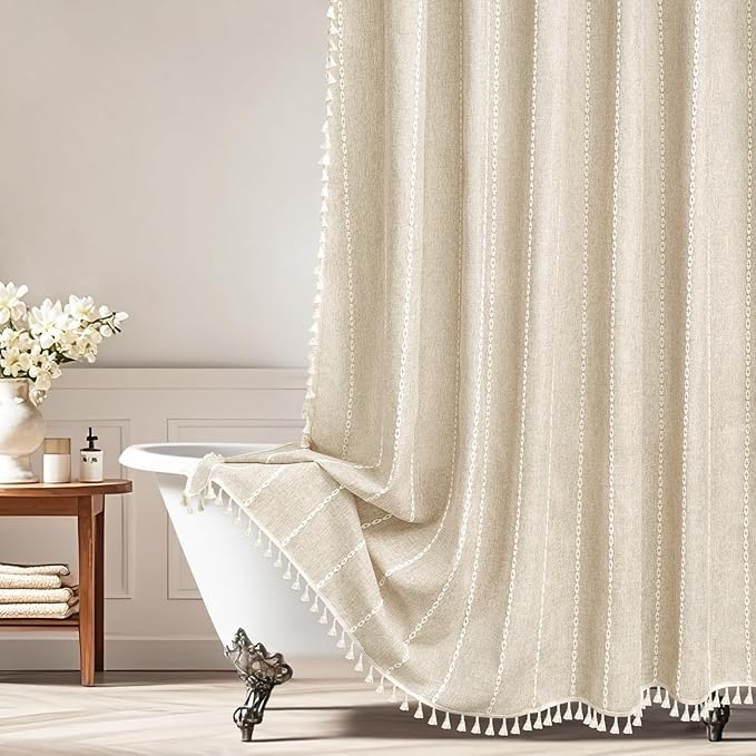 Boho Farmhouse Beige Linen Textured Shower Curtain, 72 x 84 Inch Extra Long Soft Fabric Shower Curtain Heavyweight with Tassels, Cream White Striped Bathroom Décor Curtain Water Repellent by Seenus