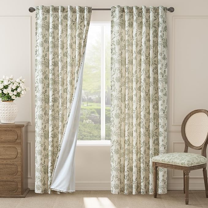 jinchan Lined Linen Floral Curtains for Living Room, 84 Inch Length Printed Flower Farmhouse Patterned French Country Back Tab Green Window Drapes Set Privacy Bedroom Curtains, 2 Panels by JINCHAN