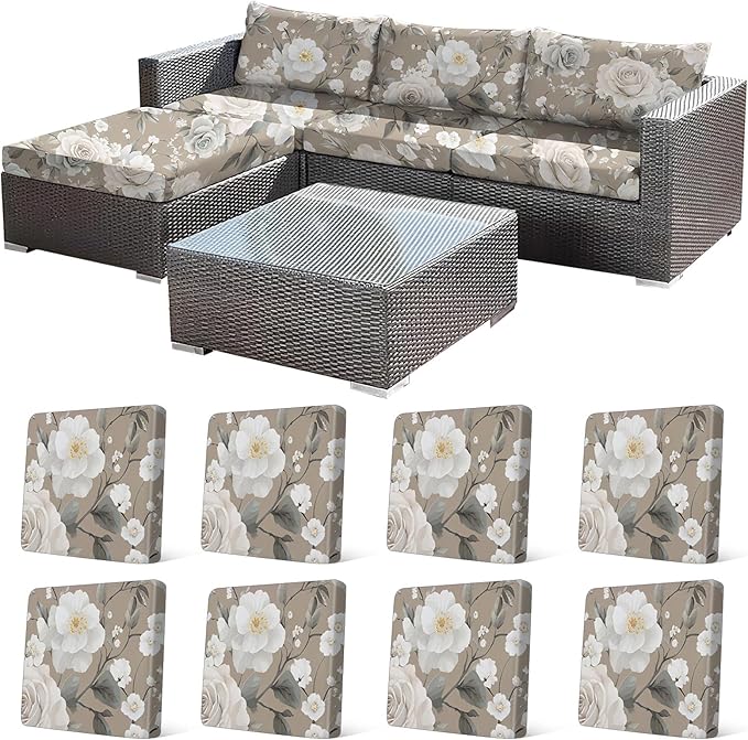 8Pcs Stretch Patio Cushion Cover, Vintage Floral Printed Couch & Sofa Slipcovers for Patio Furniture Cushions Washable Reusable Couch Covers Replacement for All-Season (Cover Only) by CALBODE