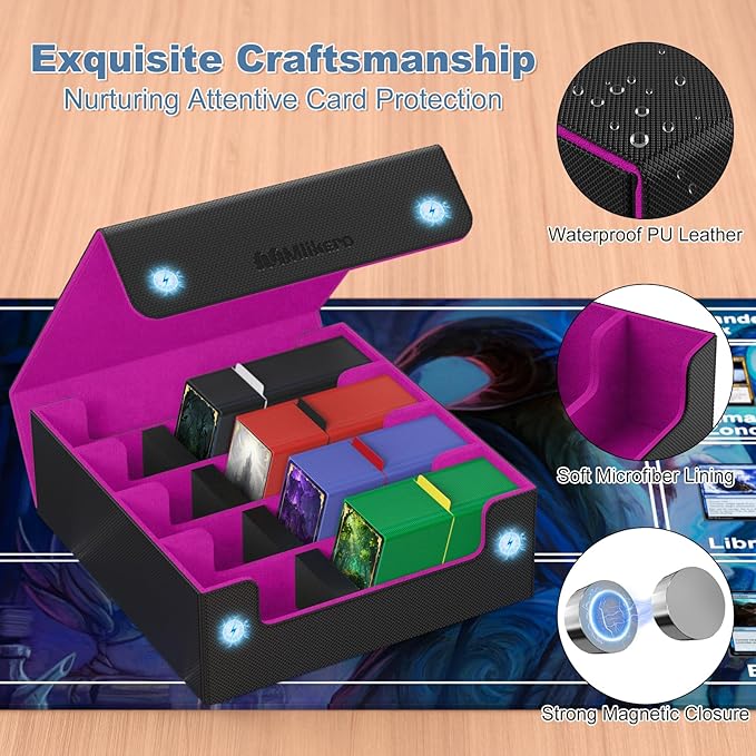 Mlikero Card Deck Case, 2400+ Trading Card Storage Box with 10 Colorful Dividers and 4 Foam Stoppers, Leather Magnetic Closure Commander Deck Box Fit for MTG, TCG (4 Rows, Black&Purple) - Image 4