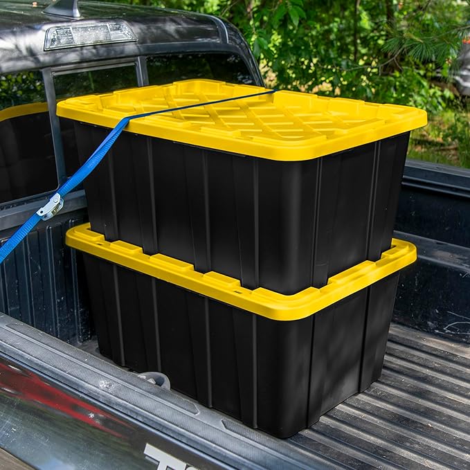 Sterilite 38 Gal Industrial Tote, Stackable Storage Bin with Snap-Fit Lid for Garage, Basement & Attic Storage, Black Base and Yellow Lily Lid, 4-Pack - Image 7