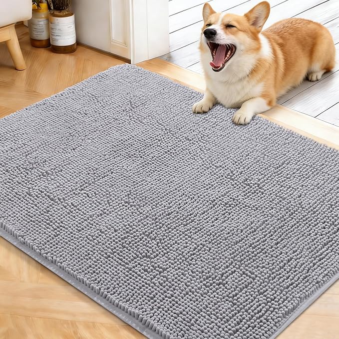OLANLY Dog Door Mat for Muddy Paws 40x32, Absorbs Moisture and Dirt, Absorbent Non-Slip Washable Doormat, Quick Dry Chenille Mud Mat for Dogs, Entry Indoor Entryway Carpet for Inside Floor, Light Grey by OLANLY