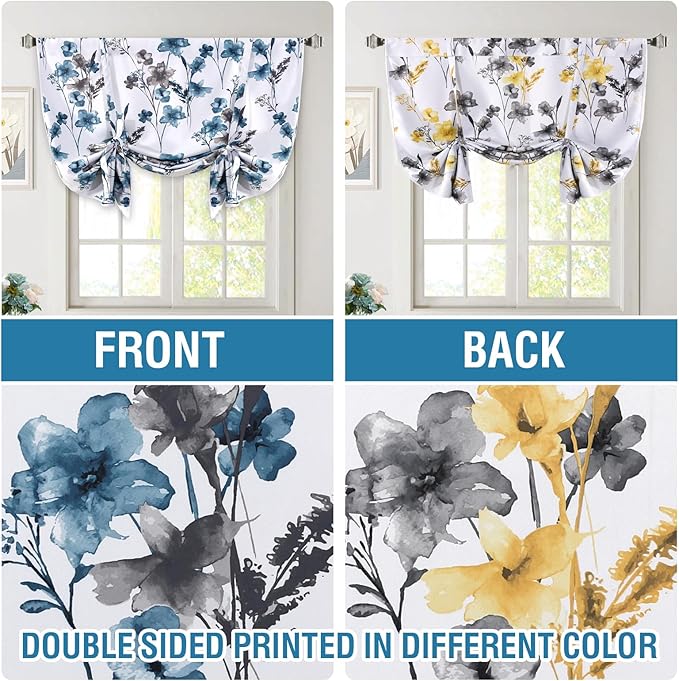 H.VERSAILTEX Tie Up Curtain Double Sided Cattleya Floral Printed Window Valance Balloon Roman Curtain, Rod Pocket 1-Pack, Reversible in Blue/Yellow, W 42 x L 36 - Image 3