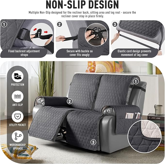 TAOCOCO 100% Waterproof Recliner Cover, Non-Slip Washable Reclining Couch Cover with Elastic Leg Straps, Furniture Protector for Dogs (Black Gray, 2 Seater) - Image 5