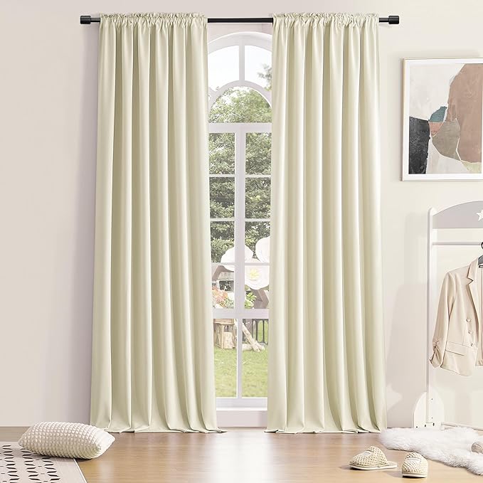 DONREN Thermal Room Darkening Draperies Window Curtain Panels - Easy Care Solid Rod Pocket Curtains for Dining Room (52 W x 96 L,2 Panels,Cream Beige) by DONREN