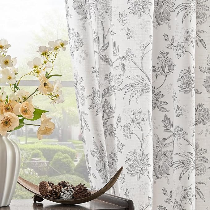 jinchan Linen Floral Curtains for Living Room, 84 Inch Length Curtains with Printed Flower Light Filtering Curtain, Rod Pocket Back Tab Gray Window Curtain Set, 2 Panels Light Grey on White - Image 4