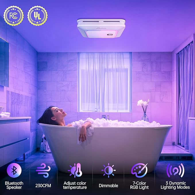 Bathroom Exhaust Fan with Bluetooth Speaker, 230 CFM 1.0 Sone Bathroom Exhaust Fan with Light, 3 Dynamic Light, 7 LED Color, 3 Color Temperatures, Nightlight,Remote, Easy Install (Ivory) - Image 3