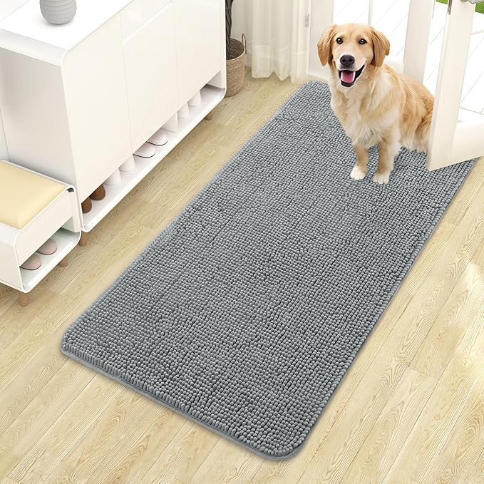 OLANLY Dog Door Mat for Muddy Paws 44x24, Absorbs Moisture and Dirt, Absorbent Non-Slip Washable Doormat, Quick Dry Chenille Mud Mat for Dogs, Entry Indoor Entryway Carpet for Inside Floor, Grey by OLANLY