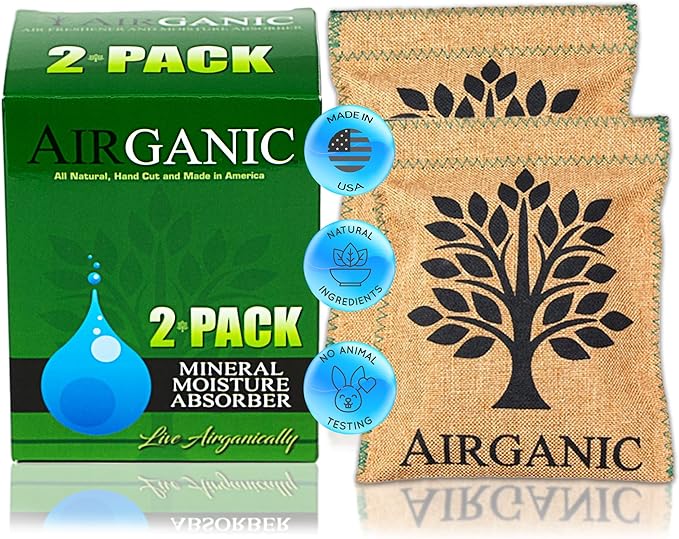 Natural Moisture Absorber Dehumidifier Bags (2-Pack) – Plant & Mineral Desiccant Pouches for Closet, Car, Gun Safe, RV, Bathroom – Reusable Mini Humidity & Odor Control by Airganic