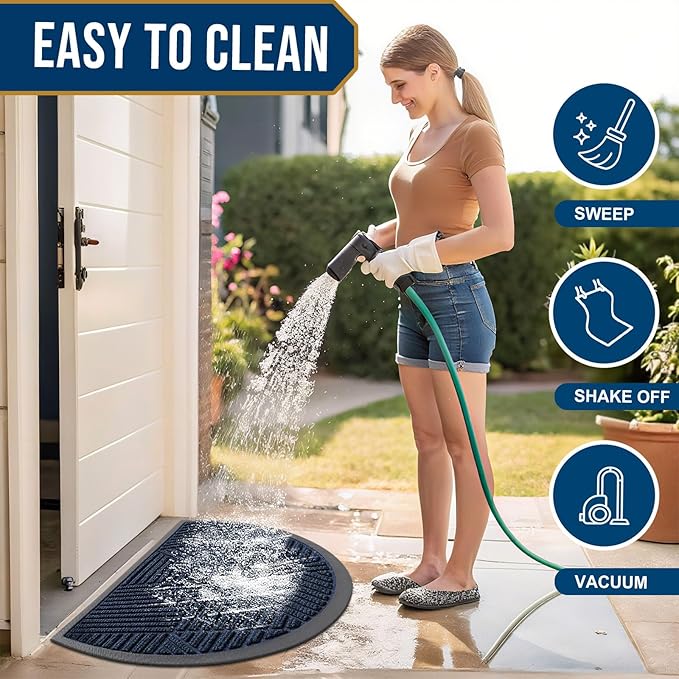 Smiry Half Circle Front Door Mat Outside Entrance, Heavy Duty Sturdy Natural Rubber Doormat, Trap Dirt and Moisture, Low Profile Mats for Indoor Outdoor Entry, Irregular Triangle (35x23, Navy Blue) - Image 6