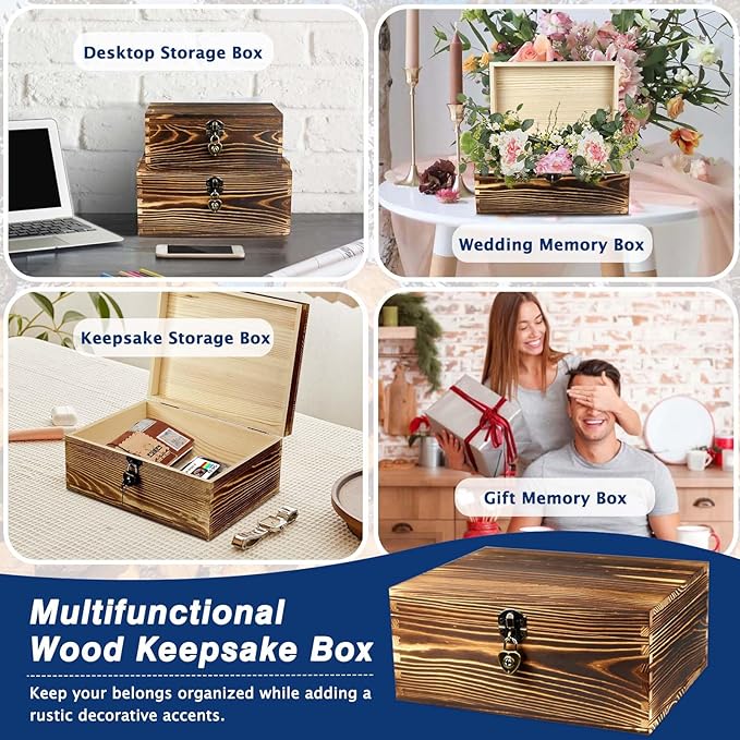Wooden Box with Lock and Keys Hinged Lid Treasure Chest Memory Hobby Preservation Rustic Decorative Archival Organizer Jewelry Gadget Trinkets Keepsake Wood Storage Boxes 2 Pack Smokey Color - Image 7