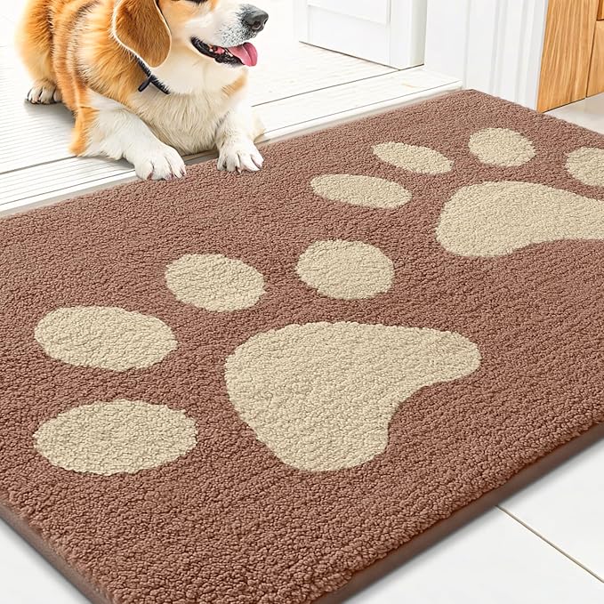Smiry Dog Door Mat for Muddy Paws, Absorbs Moisture and Dirt, Low-Profile Entryway Mat with Non-Slip Backing, Entry Indoor Outdoor Doormat for Inside Floor (30x20 Inches, Camel, Paw) by Smiry