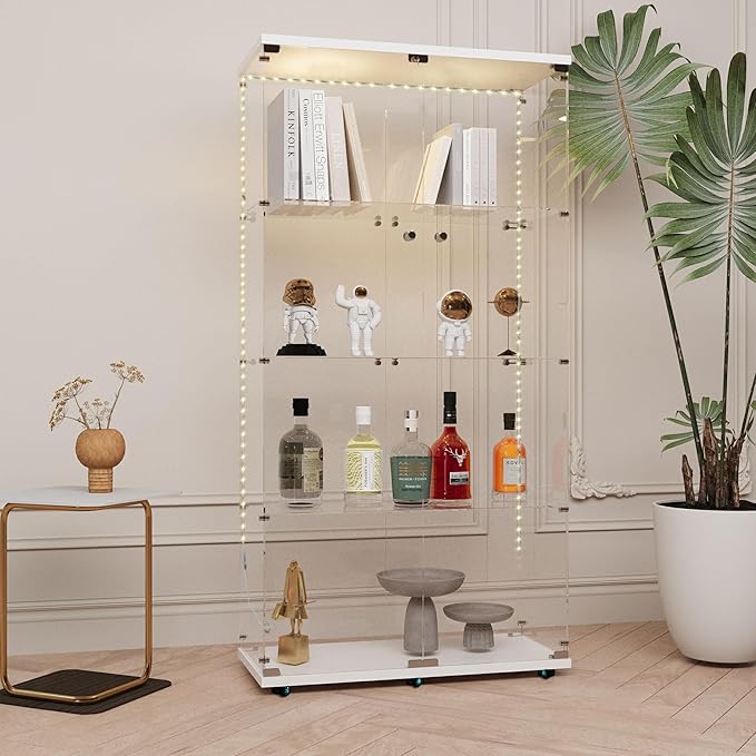 Yoluckea 4 Tiers Glass Display Cabinet with Bluetooth LED Light Strip, 2 Doors Floor Standing Curio Cabinet with Universal Wheel for Home Office Display, White Glass Bookshelf for Collections,Wood Top - Image 6