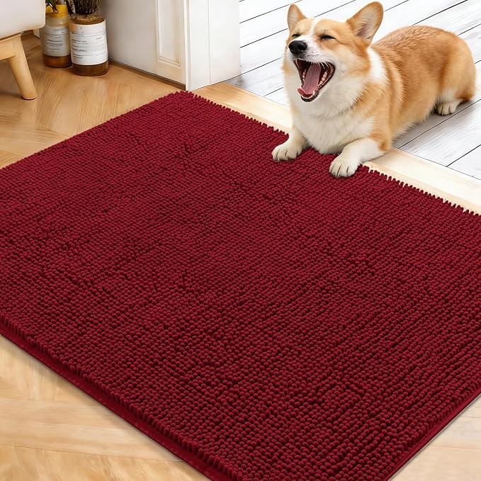 OLANLY Dog Door Mat for Muddy Paws 40x32, Absorbs Moisture and Dirt, Absorbent Non-Slip Washable Doormat, Quick Dry Chenille Mud Mat for Dogs, Entry Indoor Entryway Carpet for Inside Floor, Red by OLANLY