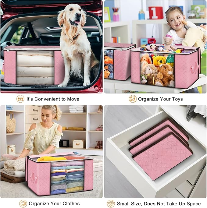 Budding Joy 90L Large Storage Bags, 4 Pack Clothes Storage Bins Foldable Closet Organizer Storage Containers Storage and Organization for Clothes, Blanket, Pillows and Toys (Pink) - Image 5