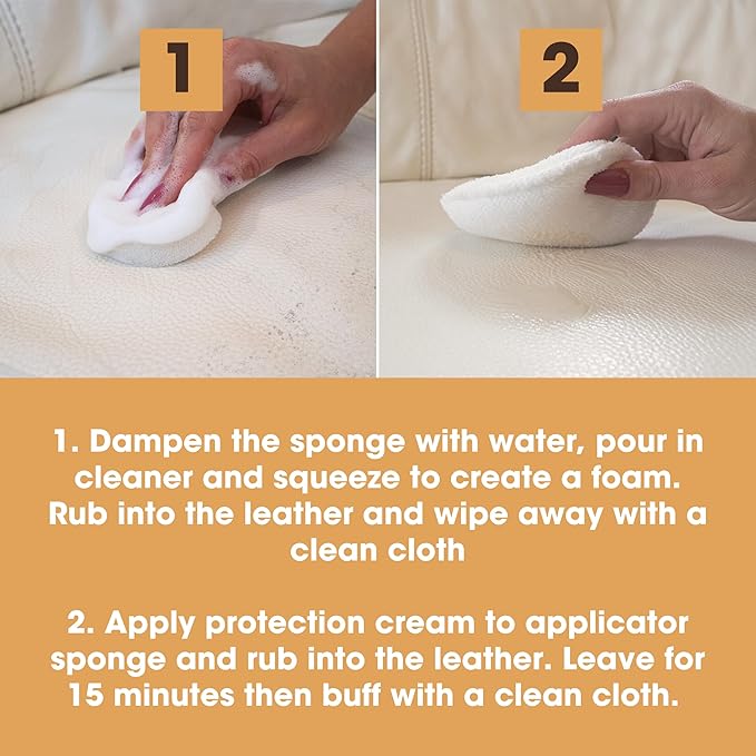 Furniture Clinic Large Leather Care Kit | Leather Cleaner + Conditioning Protection Cream for Furniture | Two 17oz Bottles + 1 Sponge & 1 Cloth | Restore Leather Couches, Car Seats, Jackets, & Boots - Image 5