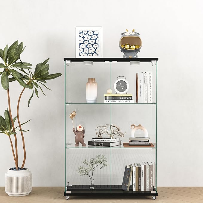 Yoluckea 3-Shelf Glass Display Cabinet with LED Lights, 2-Door Floor Standing Curio Cabinet with Universal Wheel for Home or Office, Black Glass Bookshelf for Collections, Decor, and Corner Display - Image 9