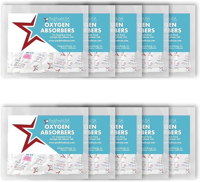 PackFreshUSA: 100cc Oxygen Absorber Compartment Packs - Food Grade - Non-Toxic - Food Preservation - Long-Term Food Storage Guide Included - 50 Count in 10 Compartment Packs by PackFreshUSA