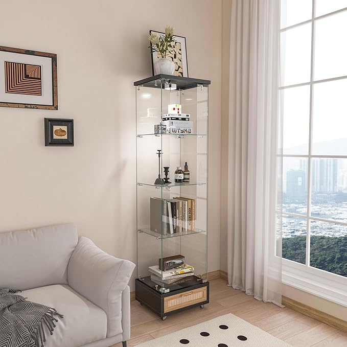 Yoluckea 4-Tier Glass Display Cabinet with LED Lighting and Drawer, 1-Door Floor Standing Curio Cabinet with Wheel for Home, Office, Corner Display, Black Glass Bookshelf for Collections and Decor - Image 9