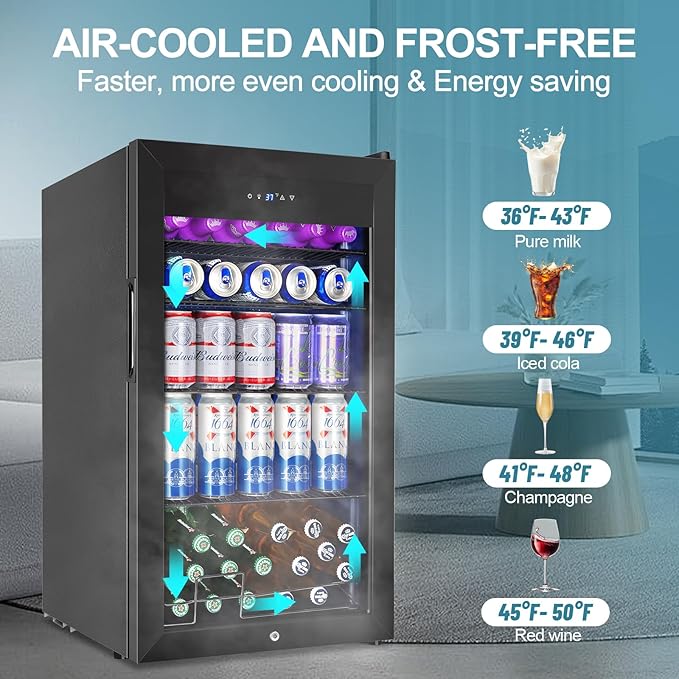 128 Cans Beverage Refrigerator Cooler, 3.2 Cu.Ft Mini Drink Fridge Glass Door for Drink Beer Soda Wine, Small Beer Fridge with 4 Removable Shelves for Kitchen Bedroom, Office Bar Gaming Room, Black - Image 3