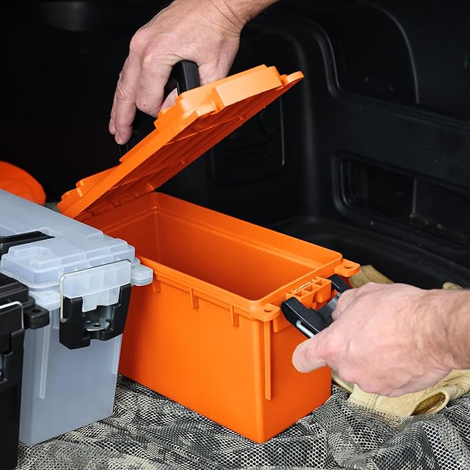 Sheffield 12630 Ammo Storage Box, Stackable .30 Cal Field Boxes, Water and Dust Resistant, Lockable Storage Box with Handle, Secures Hunting Gear, Supplies, and Bullets, Made in USA, Orange, 1-Pack - Image 8