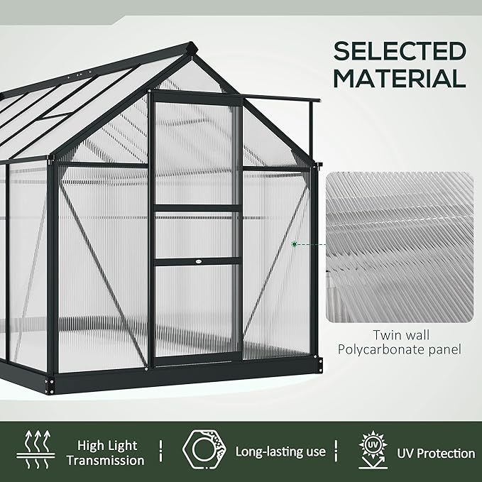 Outsunny 6' x 10' Greenhouse for Outdoors, Polycarbonate Greenhouse with Rain Gutter and Roof Vent, Aluminum Walk-in Green Houses for Outside for Patio Backyard Garden, Gray - Image 4