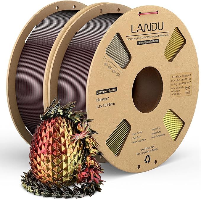 LANDU Silk Tri-Color PLA Filament 1.75mm 2Kg, 2Pcs 1KG Triple Color Silk PLA Filament, Silk Bundle PLA Filament, Neatly Wound 3D Printer Filament, Multicolor Filament +/-0.02mm, Black Red Gold by LANDU
