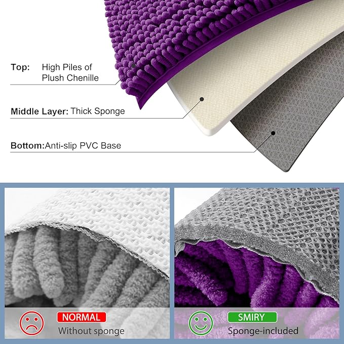 Smiry Luxury Chenille Bathroom Rugs 30x20, Extra Soft and Absorbent Shaggy Bath Mat, Machine Washable, Non-Slip Plush Carpet Runner for Tub, Shower, and Floor, Home Decor Accessories, Violet - Image 5