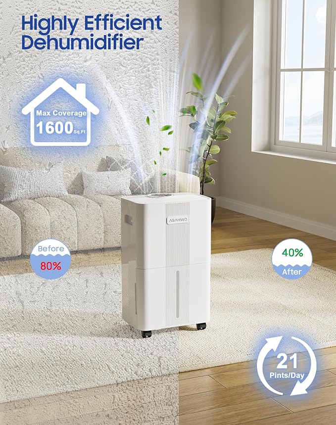 1600 Sq.ft Dehumidifier for Home, 21 Pints Dehumidifier for Basement with Drain Hose, Quiet Dehumidifiers Smart Humidity Control, 24H Timer, 3 Modes, Portable for Bedroom,Bathroom - Image 2