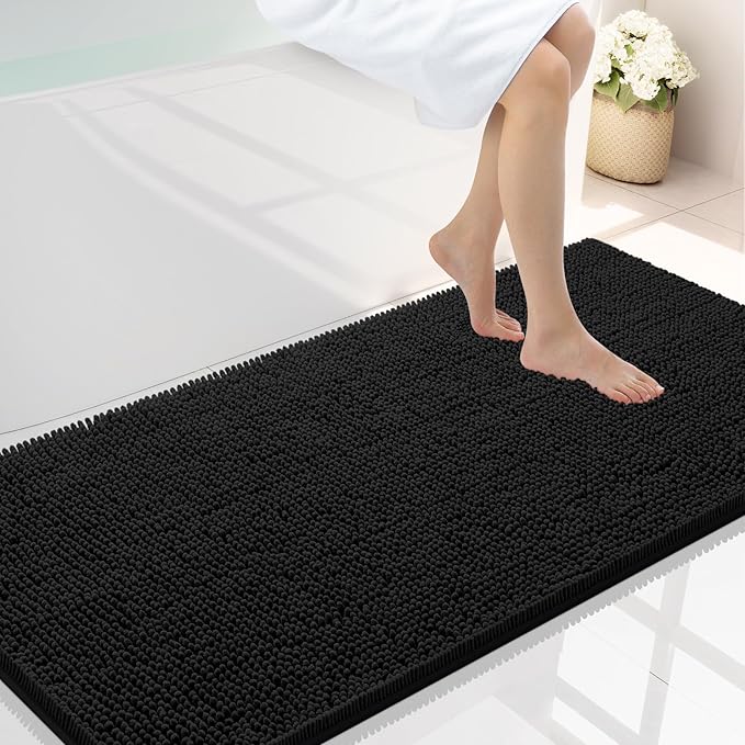 Smiry Luxury Chenille Bathroom Rugs 47x24, Extra Soft and Absorbent Shaggy Bath Mat, Machine Washable, Non-Slip Plush Carpet Runner for Tub, Shower, and Floor, Home Decor Accessories, Black by Smiry