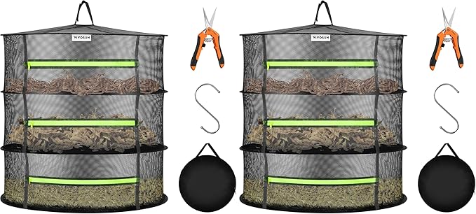 VIVOSUN 3-Layer Mesh Drying Rack Hanging Design with Green Zippers for Dehydrating, Indoor and Outdoor Pruning Shears Included (Pack of 2) by VIVOSUN