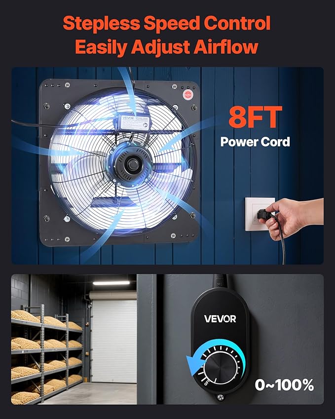 VEVOR 20'' Exhaust Fan, Wall Mounted Attic Fan with Variable Speed controller, 3000 CFM, Automatic Shutter, Ventilation and Cooling, Black - Image 6