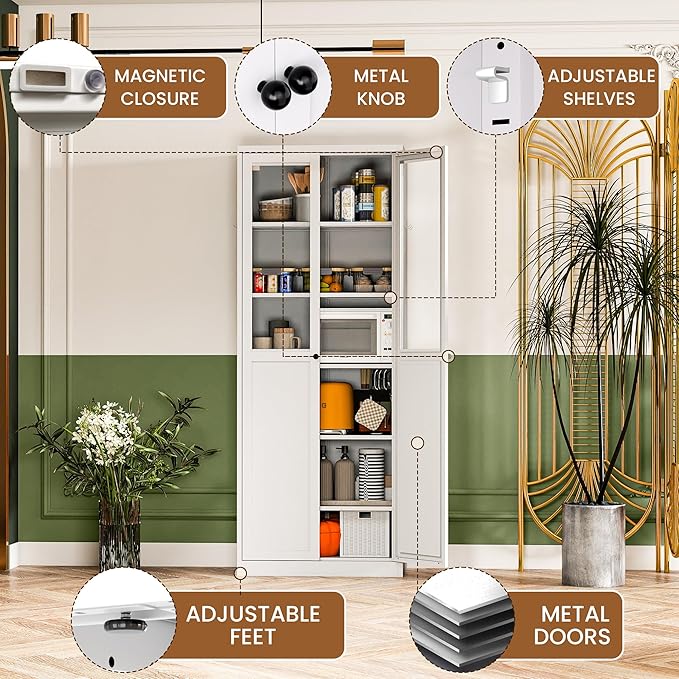 Metal Pantry Cabinet with Doors and 5 Adjustable Shelves, 72" Tall Kitchen Cupboard Storage Cabinets for Kitchen Dining Room Living Room Bathroom,Assembly Required (White) - Image 3