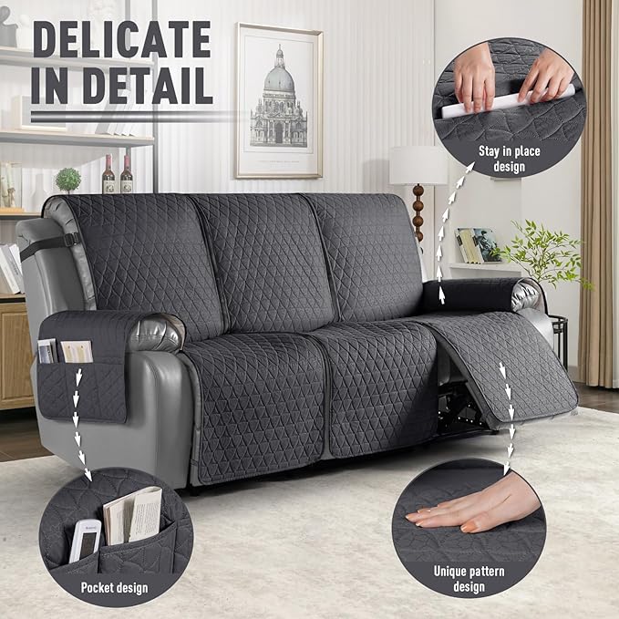 TAOCOCO 100% Waterproof Recliner Cover, Non-Slip Washable Reclining Couch Cover with Elastic Leg Straps, Furniture Protector for Dogs (Black Gray, 3 Seater) - Image 6