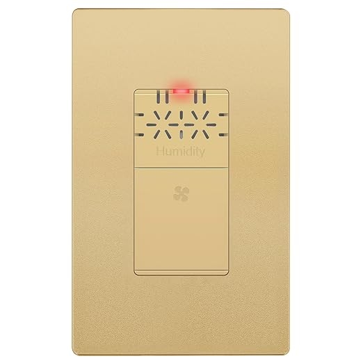 LIDER No Neutral Wire Required Humidity Sensor Switch, Automatic Humidity Detection, Air Circulator, Bathroom Fan Automated Control, Adjustable Timing, 1-Pole, Gold, Screwless Wall Plate Included by LIDER