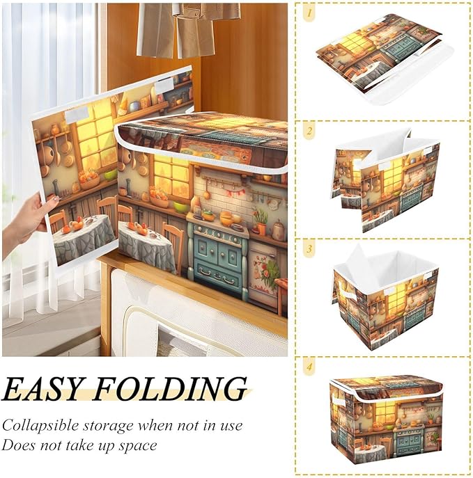 xigua Rustic Kitchen Pattern Storage Bins with Lids and Carrying Handle,Foldable Storage Boxes Organizer Containers Baskets Cube with Cover for Home Bedroom Closet Office - Image 4
