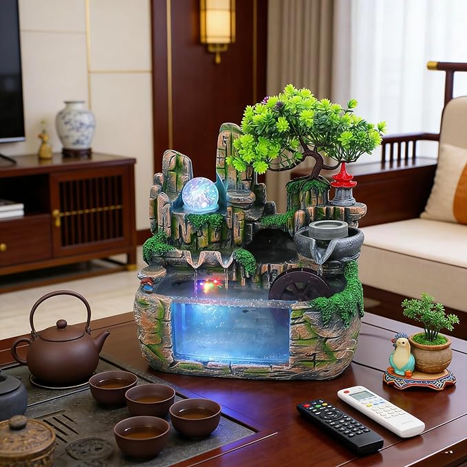 11.81" Creative Desktop Fountain Waterfall Bonsai w/LED Lights & Atomizer Tabletop Decor, Small Fish Tank Rockery Humidifier, Mini Rock Plant Artificial Bonsai Fountain Rockery for Office Home Decor - Image 6