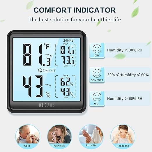 DOQAUS Room Thermometer Hygrometer, Digital Indoor Thermometer with Backlight, Large Screen Temperature Monitor Humidity Meter for Home, Bedroom, Baby Room, Office, Greenhouse (Black) - Image 4