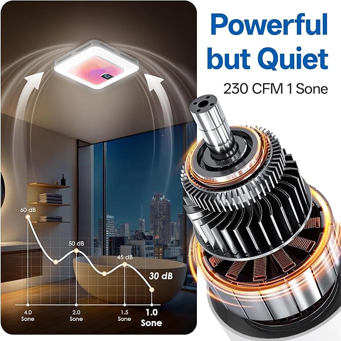 Smart Bathroom Exhaust Fan with Bluetooth Speaker, 230 CFM 1.0 Sone Exhaust Fan with Humidity & Odor Sensor, Remote/App/Voice Control, Adjustable LED Lighting & Dynamic RGB Mood Light (Pink) - Image 6