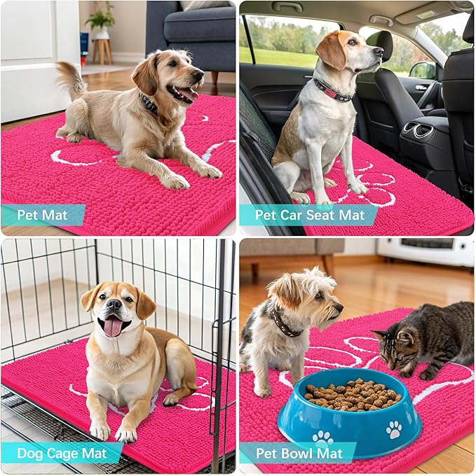OLANLY Dog Door Mat for Muddy Paws 36x24, Paw Print Design, Absorbs Moisture and Dirt, Absorbent Non-Slip Washable Doormat, Quick Dry Chenille Mud Mat for Dogs, Entry Indoor Entryway Carpet, Hot Pink - Image 7