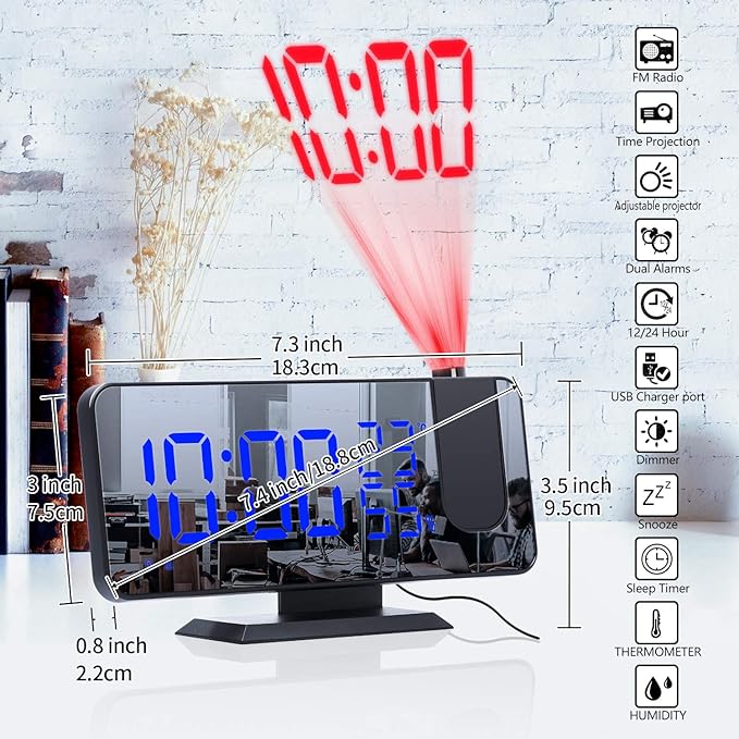 Projection Digital Alarm Clock for Bedrooms,Alarm Clock Radio on Ceiling, USB Charger Port, Temperature & Humidity Display, 7.3” Large Mirror LED Display,12/24H,Snooze,Dual Loud Clock- 4 Dimmer - Image 6