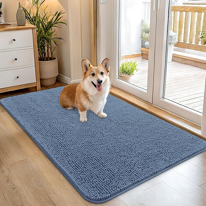 OLANLY Dog Door Mat for Muddy Paws 45x27, Absorbs Moisture and Dirt, Absorbent Non-Slip Washable Doormat, Quick Dry Chenille Mud Mat for Dogs, Entry Indoor Entryway Carpet for Inside Floor, Airy Blue by OLANLY