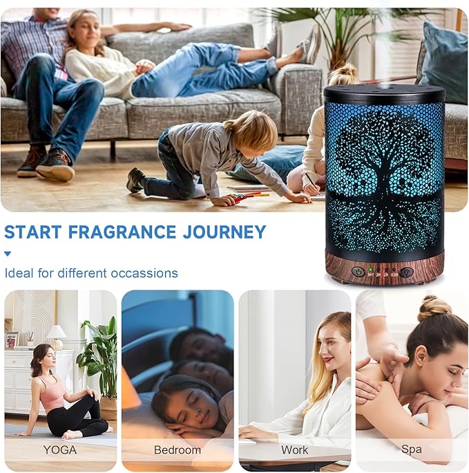 Essential Oil Diffuser 120ML Metal Aromatherapy Diffuser with Timer, Cool Mist Humidifier with Auto Shut-Off & 7 Color Lights for Home Office Spa (Life Tree) - Image 7