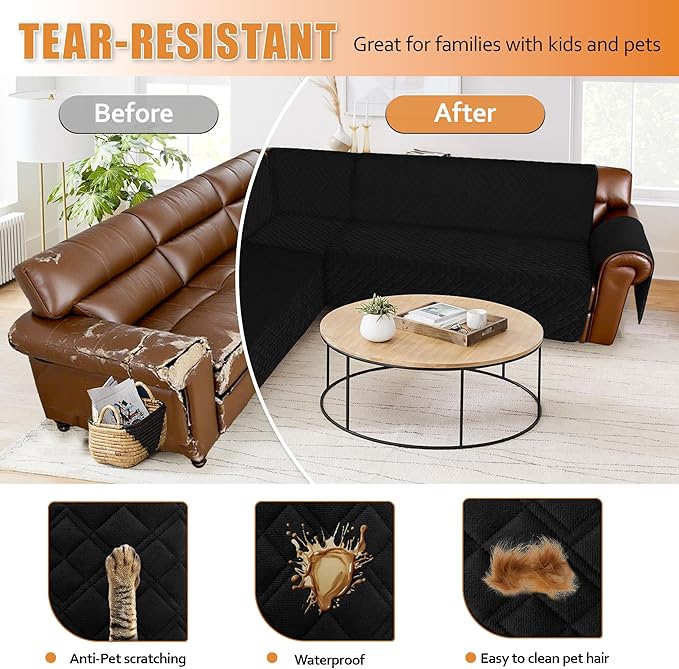 Arfntevss Waterproof Sectional Couch Covers L Shape Washable Velvet Sofa Cover for Sectional Non Slip Large Corner Slipcovers Dog 6 Pcs Universal U Shaped Furniture Protector (Black, X-Large) - Image 7
