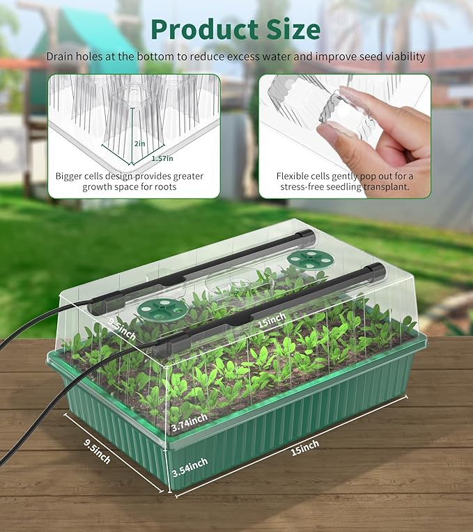 Seed Starter Tray, 120-Cells Seed Starter Kit with Grow Light, 2 Pack Reusable Seeding Starter Trays with Air Vent Humidity Domes for Greenhouse Gardening Indoor Planting Growing (Green Base) - Image 6