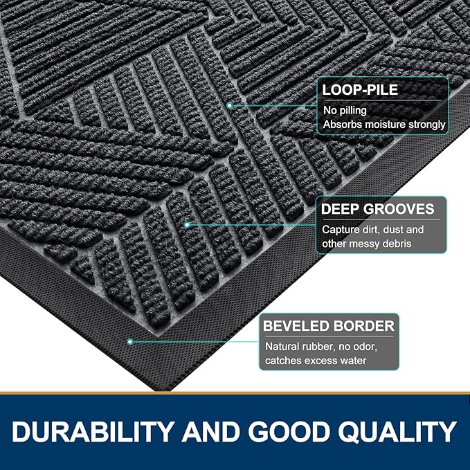 Smiry Front Door Mat Outside Entrance, Heavy Duty Sturdy Natural Rubber Doormat, Trap Dirt and Moisture, Easy Clean Low Profile Welcome Floor Mats for Indoor Outdoor Entry, 35X23 Inch, Grey - Image 4